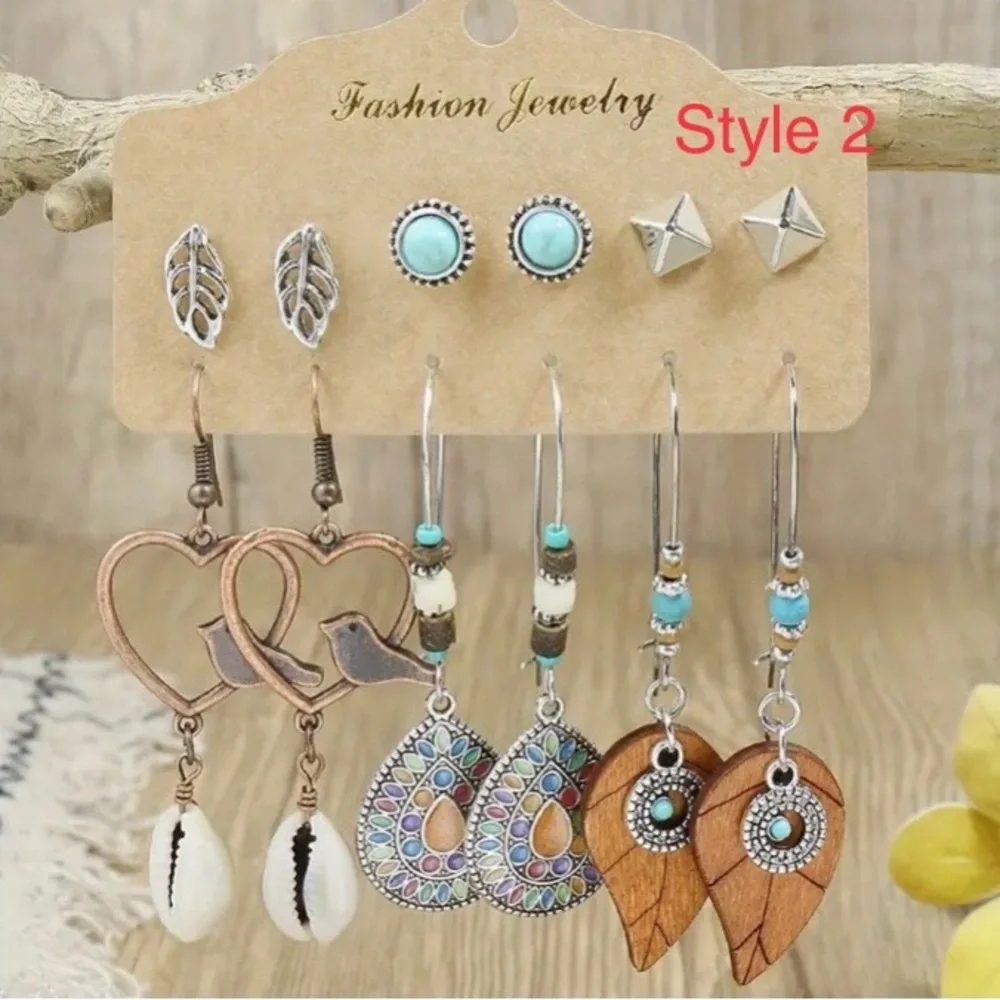 NWOT 6-Pairs Fashion Boho Bronze Silver Beaded Metal Dangle & Stud Earring Set